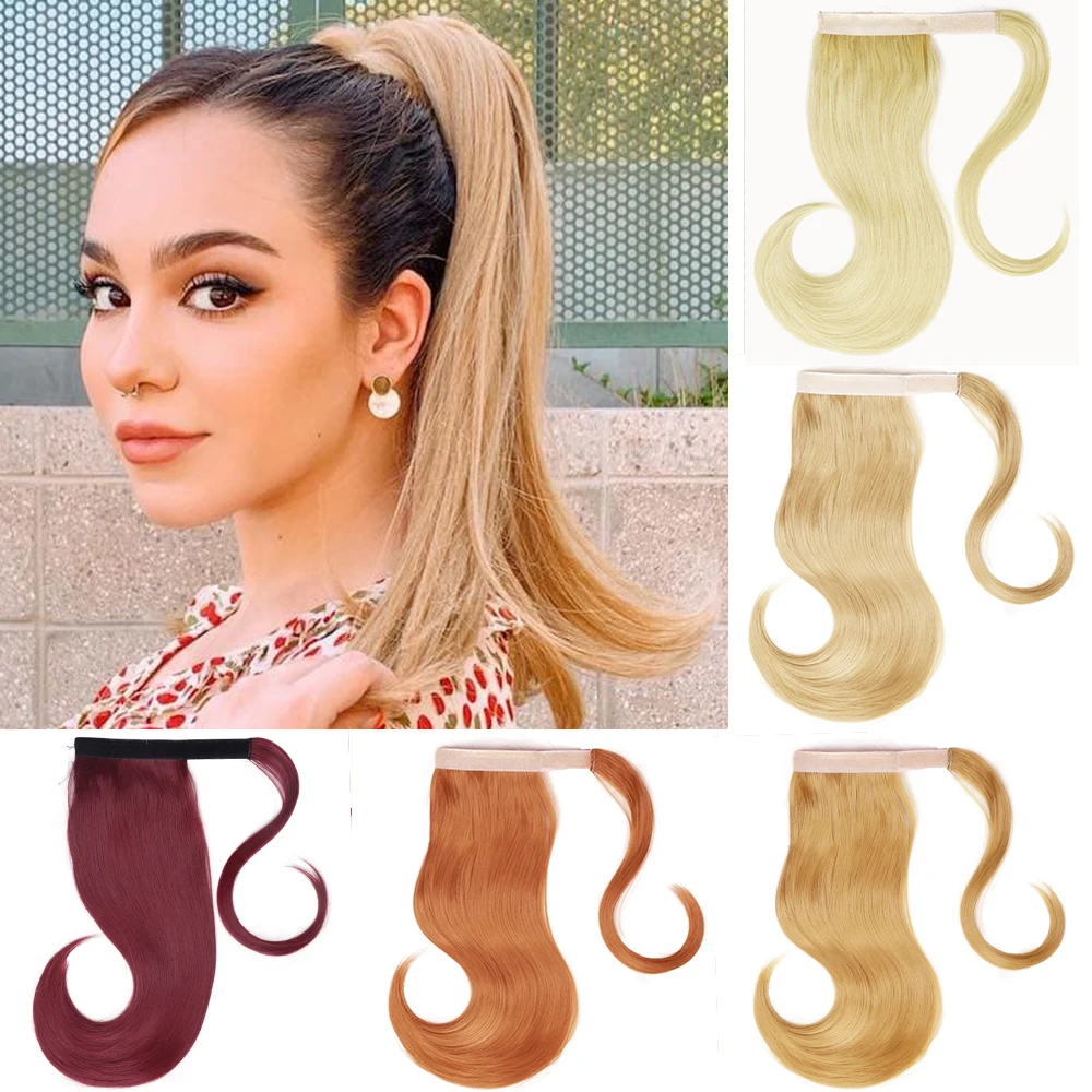 

Synthetic 18Inch Wrap Around Clip In Straight Ponytail Hair Extensions Natural Blonde Heat Resistant Pony Hairpiece Fake Hair