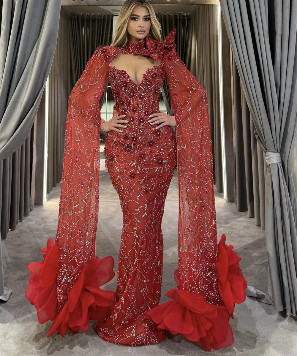 Abito da sera rosso con maniche lunghe a mantella che borda il pizzo 2025 Abiti per occasioni formali Hochzeitspartykleid Abiti da ballo personalizzati Dubai