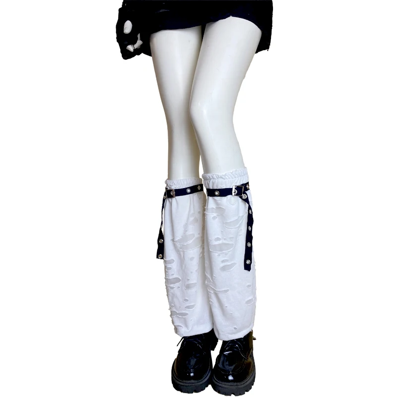 

Japanese Girl Broken Ripped Unisex Y2k Leg Warmers Female Gothic Style Black White Long Socks With Strap Harajuku Foot Cover