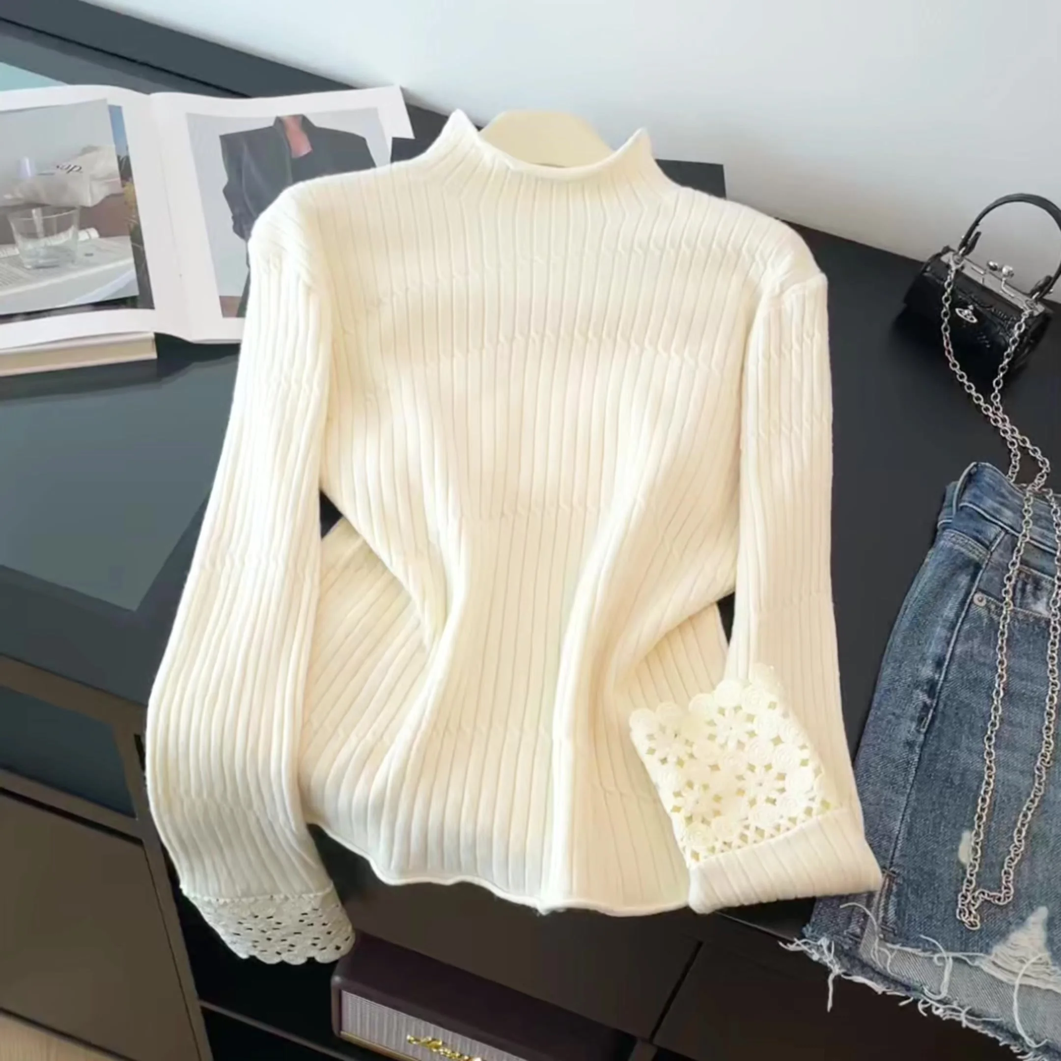 

Women's White Pullover Sweater Vintage Korean Style Jumper Knit Long Sleeves Turtleneck Cashmere Sweater For Women 2000s Clothes