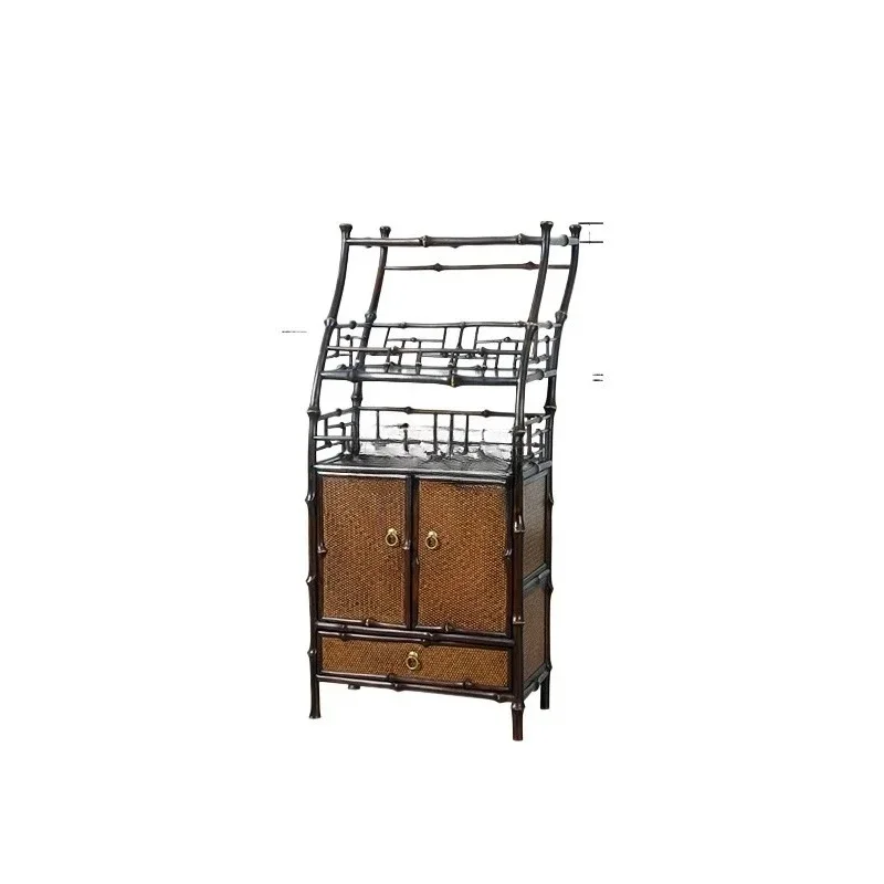 Yjq Handmade Bamboo Book Shelves Floor-Standing Rack Hallway Chinese Antique and Curio Shelves Tea Set Storage Cabinet