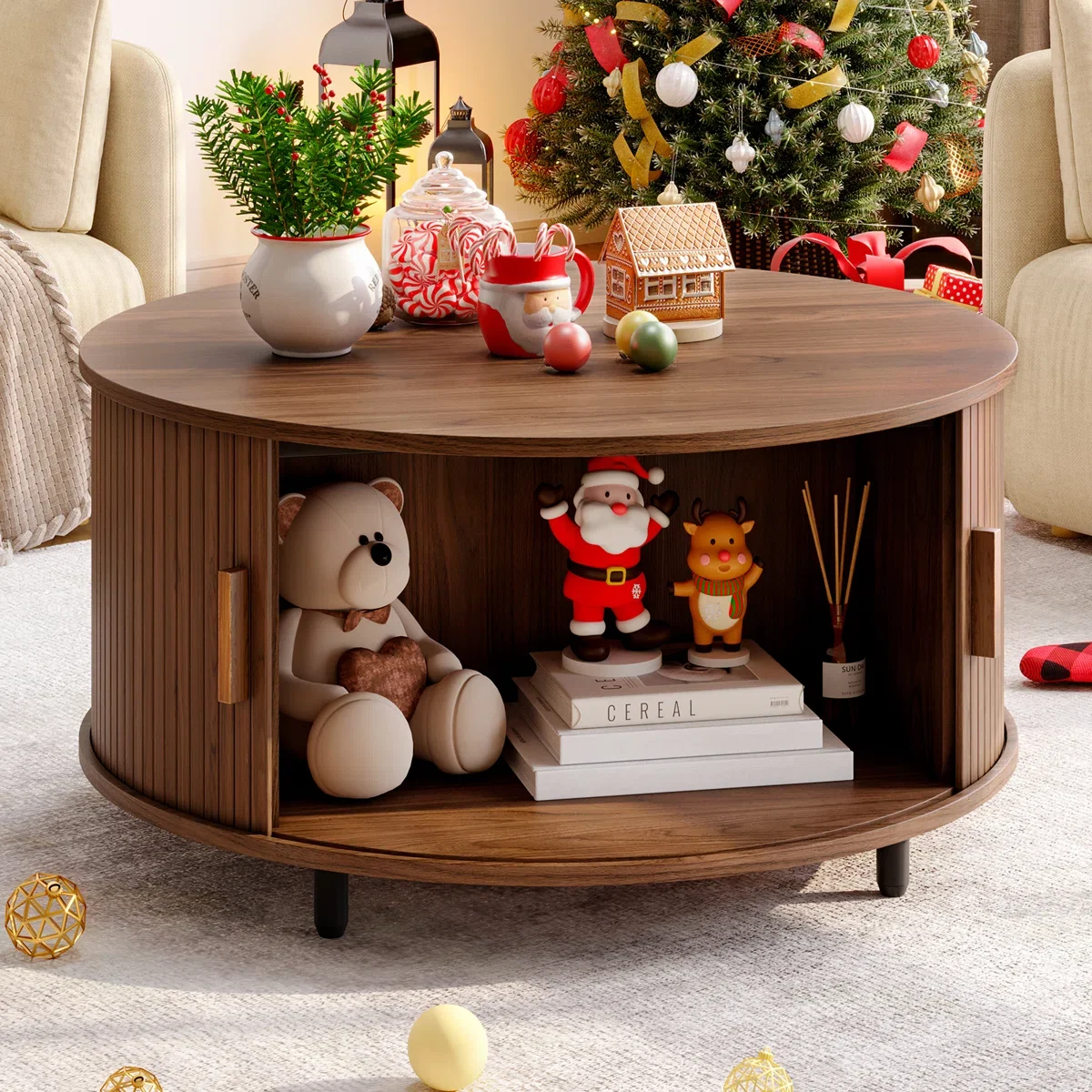 

！@Combohome 31.5" Modern Round Coffee Table With 360° Curved Sliding Door