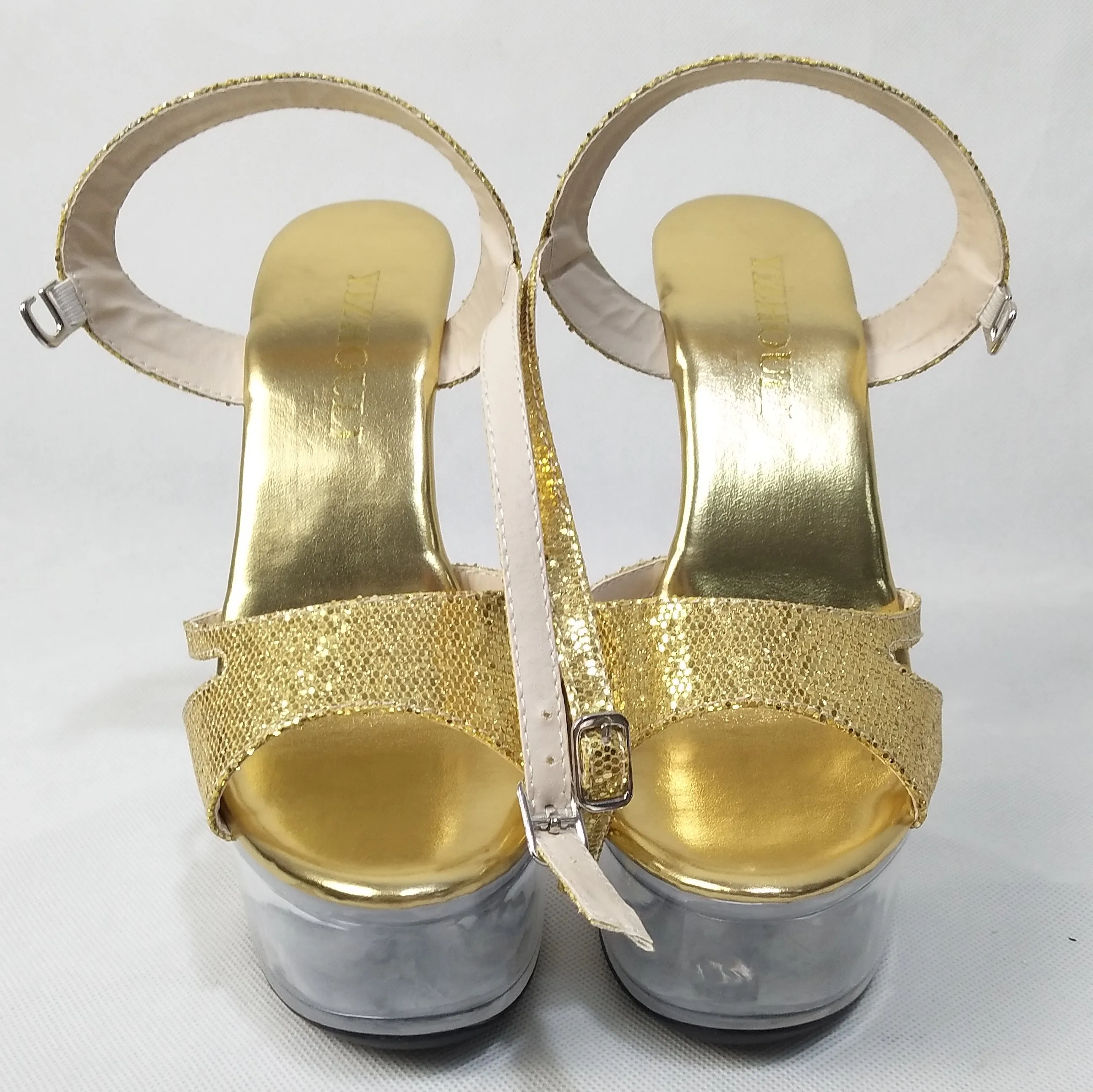 Zapatos de banquete brillantes dorados, tacones altos de 15 cm, zapatos de baile de espectáculo de escenario europeo y americano