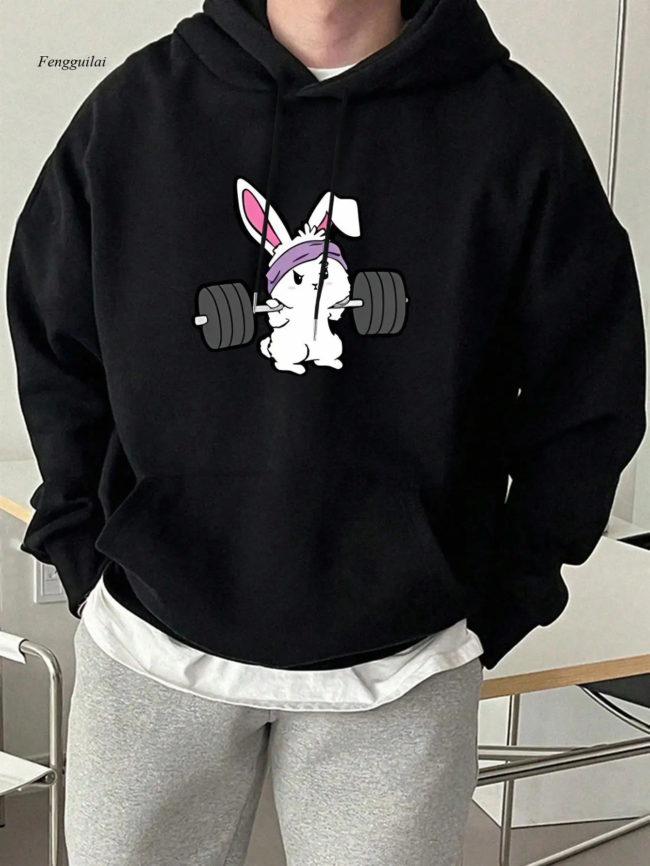 Sudadera con capucha con gráfico Gym Bunny y barra de levantamiento de pesas | Sudadera con capucha y bolsillo holgada para levantamiento de pesas