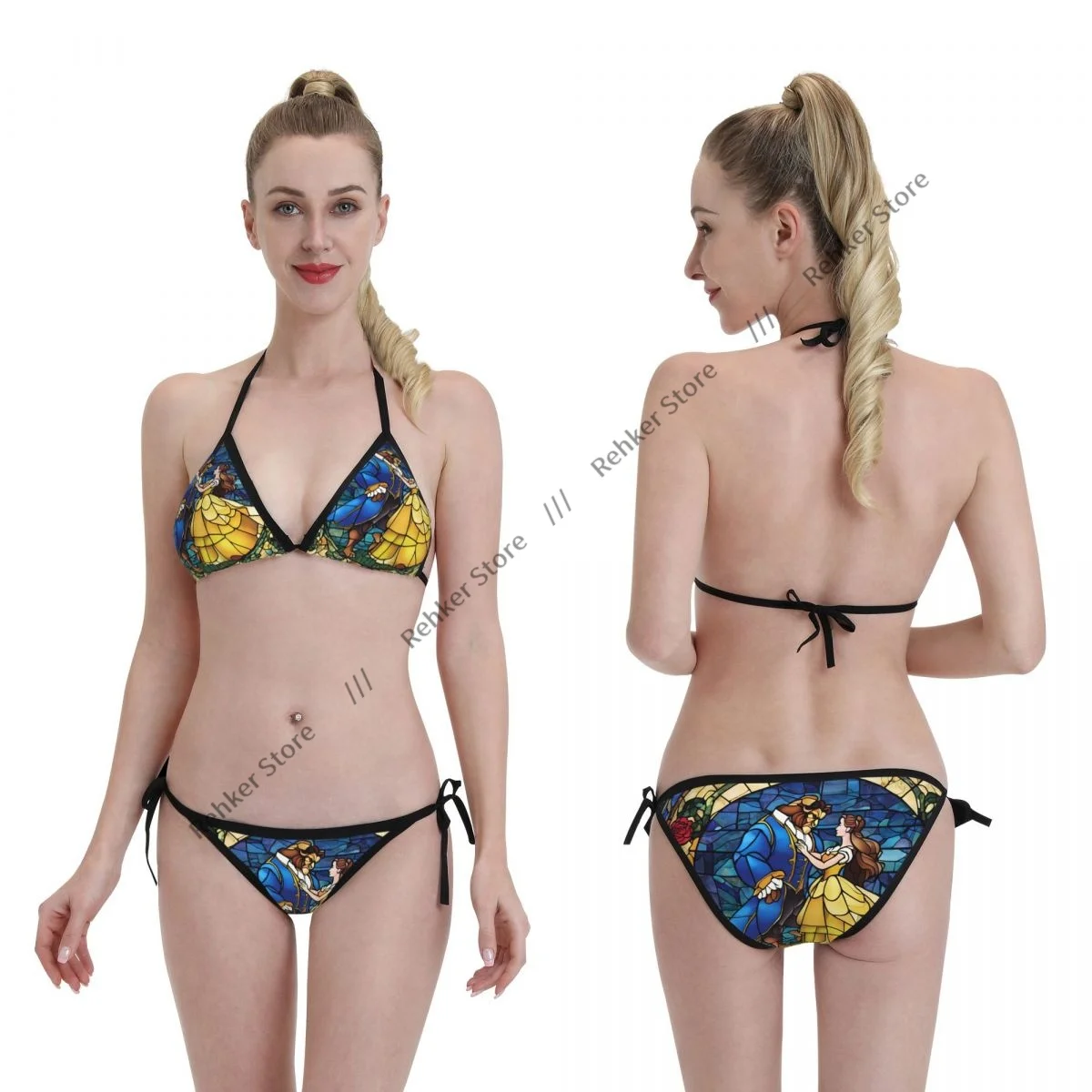 섹시한 비키니 미녀와 야수 동화 유리 프린트 수영복 여성 수영복 세트 수영복 비치웨어