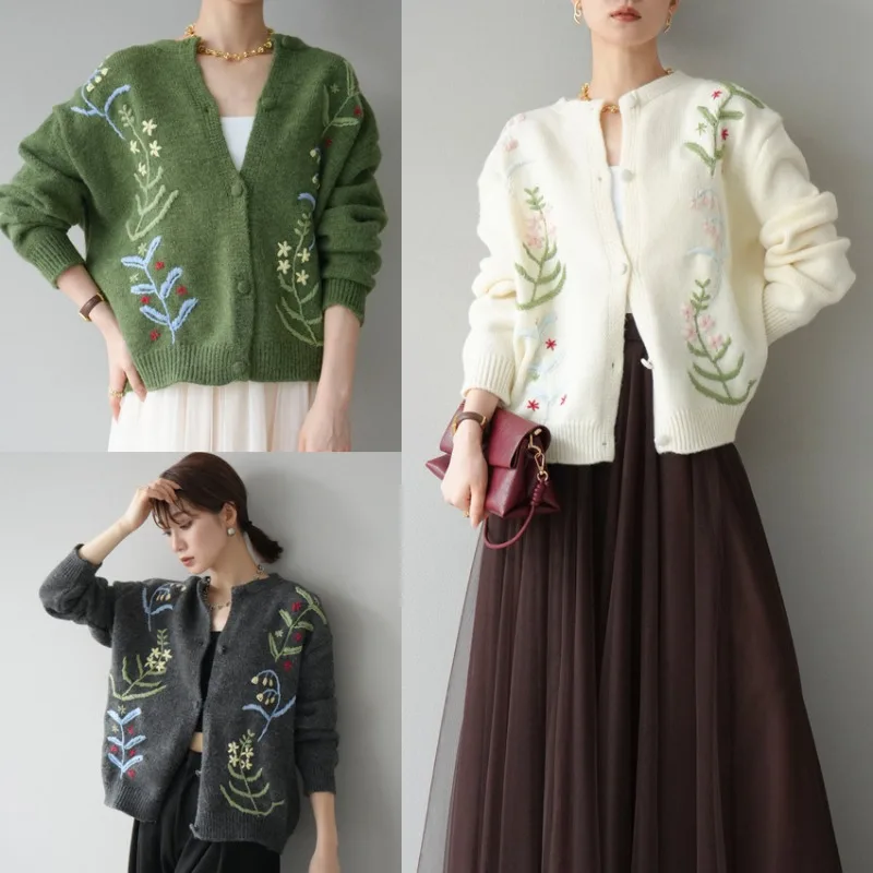 

Autumn Winter Vintage Embroidered Floral Knitted Cardigan Women's Korean Japan Style Long Sleeve Sweater Jacket Outerwear Mujer
