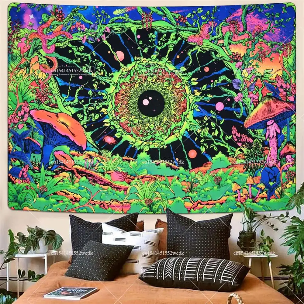 Blacklight Mushroom Tapestry UV Reactive Hippie Eye Butterfly Snake Neon Tapestrys Floral Plants Black Light Wall Tapestries