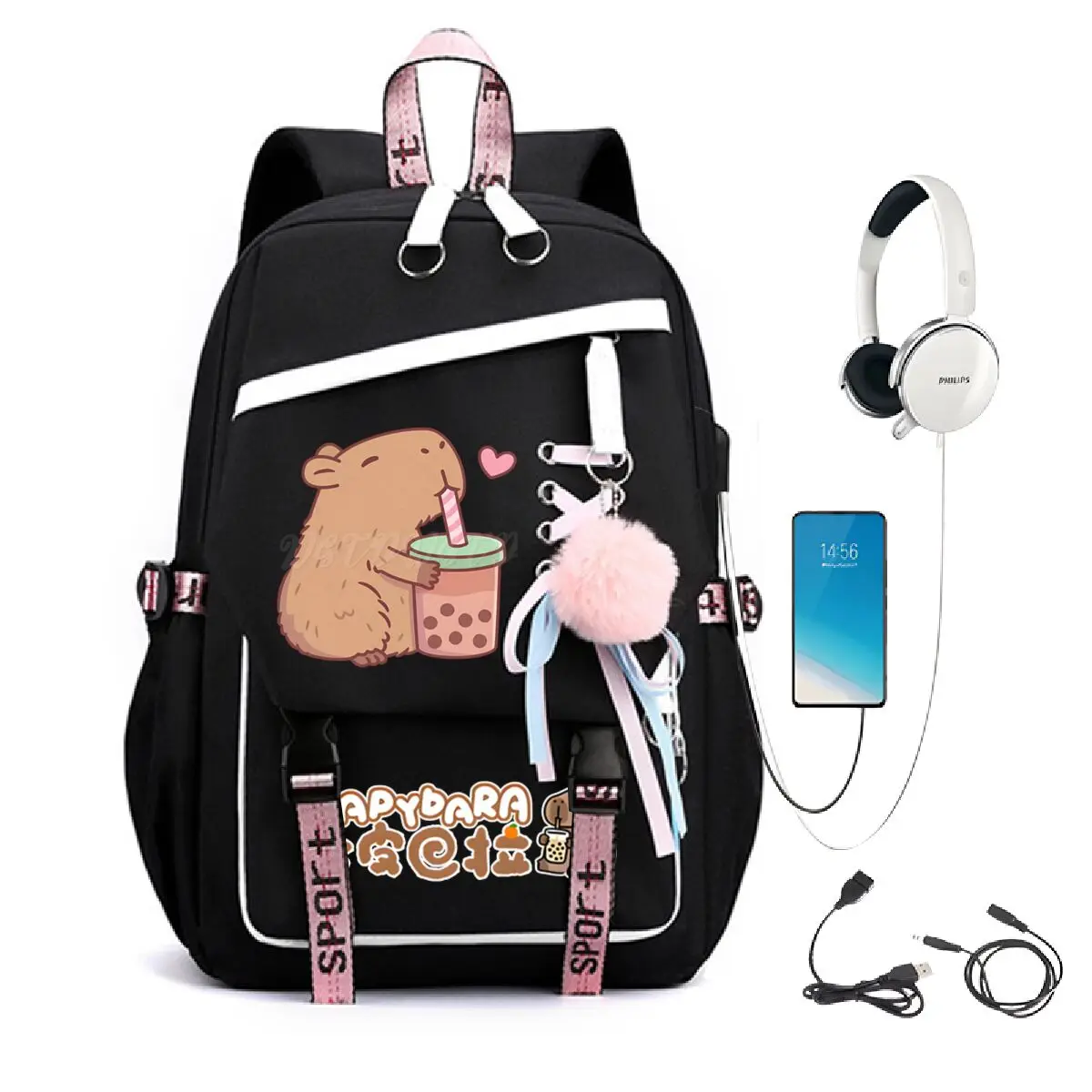 

Рюкзак Kawaii Capybara Bubble Tea для девочек и мальчиков, сумка с USB-зарядкой с рисунком капибары, большой вместительный рюкзак для ноутбука, дорожная сумка