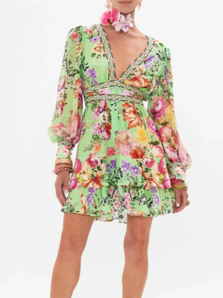 

Women Double Layered Dress Green Floral Printed V-Neck Lantern Sleeve Holiday 100% Silk Mini Robe