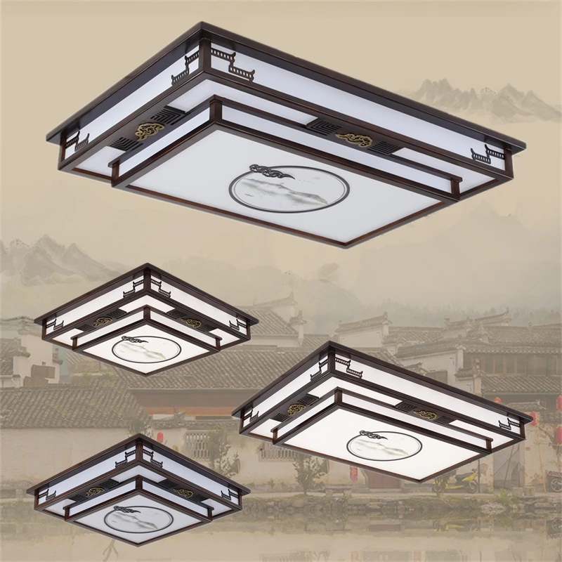 

Chinese Style Led Ceiling Lights Living Room Bedroom Rectangular Round Solid Wood Antique Study Room Lamp Balcony Corridor Light