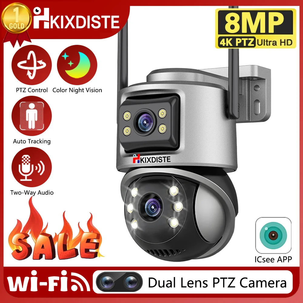 

4K 8MP Wifi PTZ Camera Outdoor Dual Lens Dual Screen Auto Tracking IP Camera CCTV Two-Way Audio Video Surveillance P2P ICsee/XM