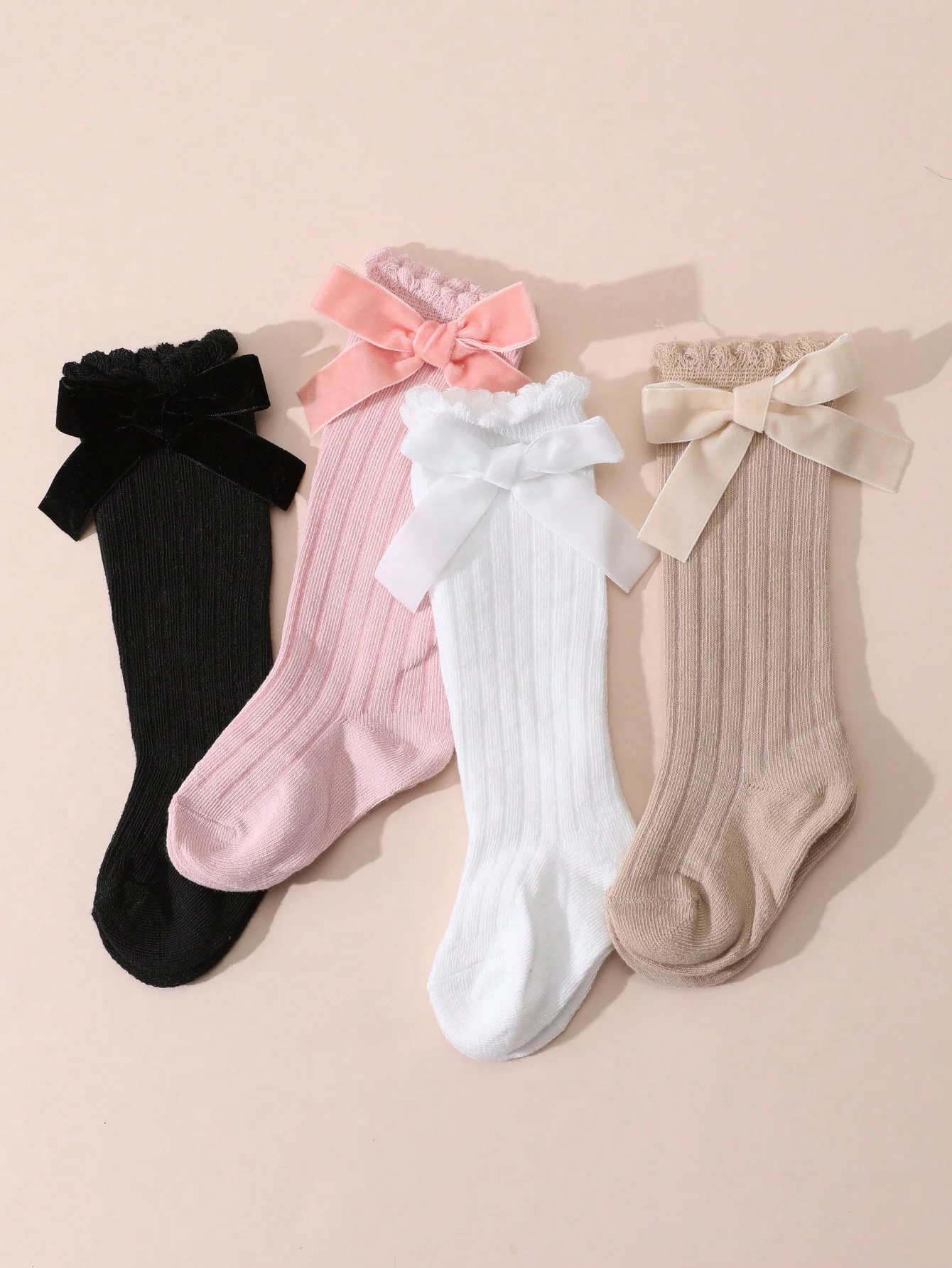4 Pairs of Baby Girls' Sweet Cute Solid Color Socks with Flannel Bow Decorations Suitable for Infant Toddler Children Daily Life