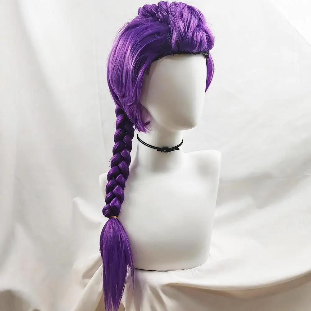 Peruka dziecięca 85 cm, fioletowy długi warkocz z doczepianym kucykiem na bok, z zaczepem typu tygrysia pysk, na Halloween, imprezę kostiumową, cosplay anime.