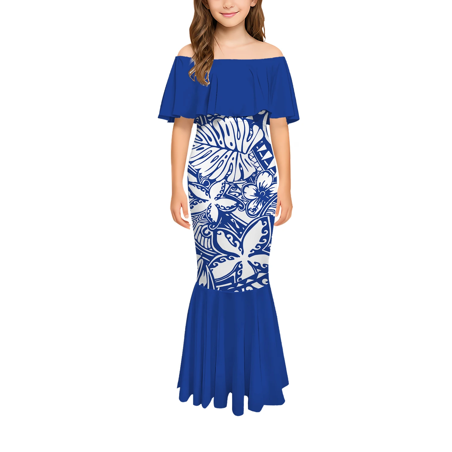 One-Shoulder Round-Neck Short-Sleeved Tribal Pattern Design Art Dress Polynesian Sexy Casual Fishtail Dress Slimming Girl Dress