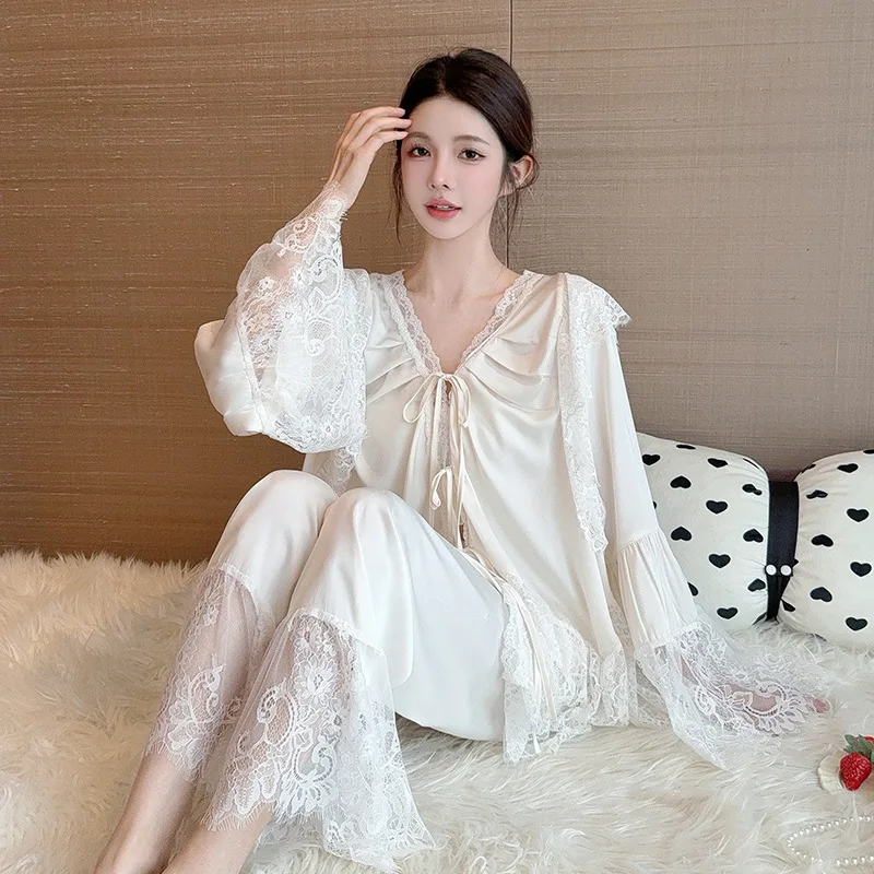 New Women's Ice Silk Pajamas High-End French Style Court Style Lace Patchwork Set Thin Spring Summer Long Sleeved Home Wear