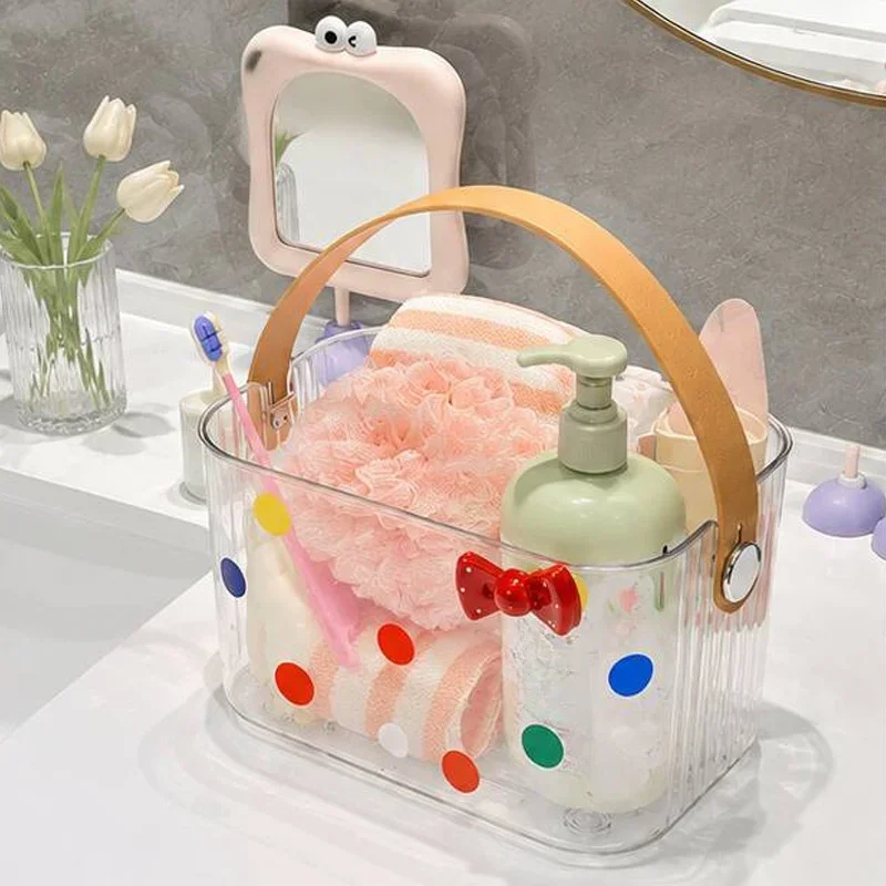 

Cute Polka Dot Bath Basket Portable Shower Bathroom Organizer Large Capacity Desktop Makeup Skincare Storage Box with Handle