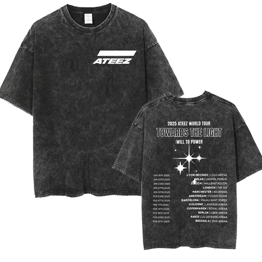 Korean ATEEZ 2024 World Tour T Shirts Towards The Light Vintage Washed T-shirt Men Women Hip Hop Fashion Clothing Oversized Tees