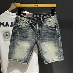 Harajuku Fashion Luxury Clothing Men's Knee-length Shorts Summer Denim Casual Jeans Vintage Washed  High-end Streetwear Shorts