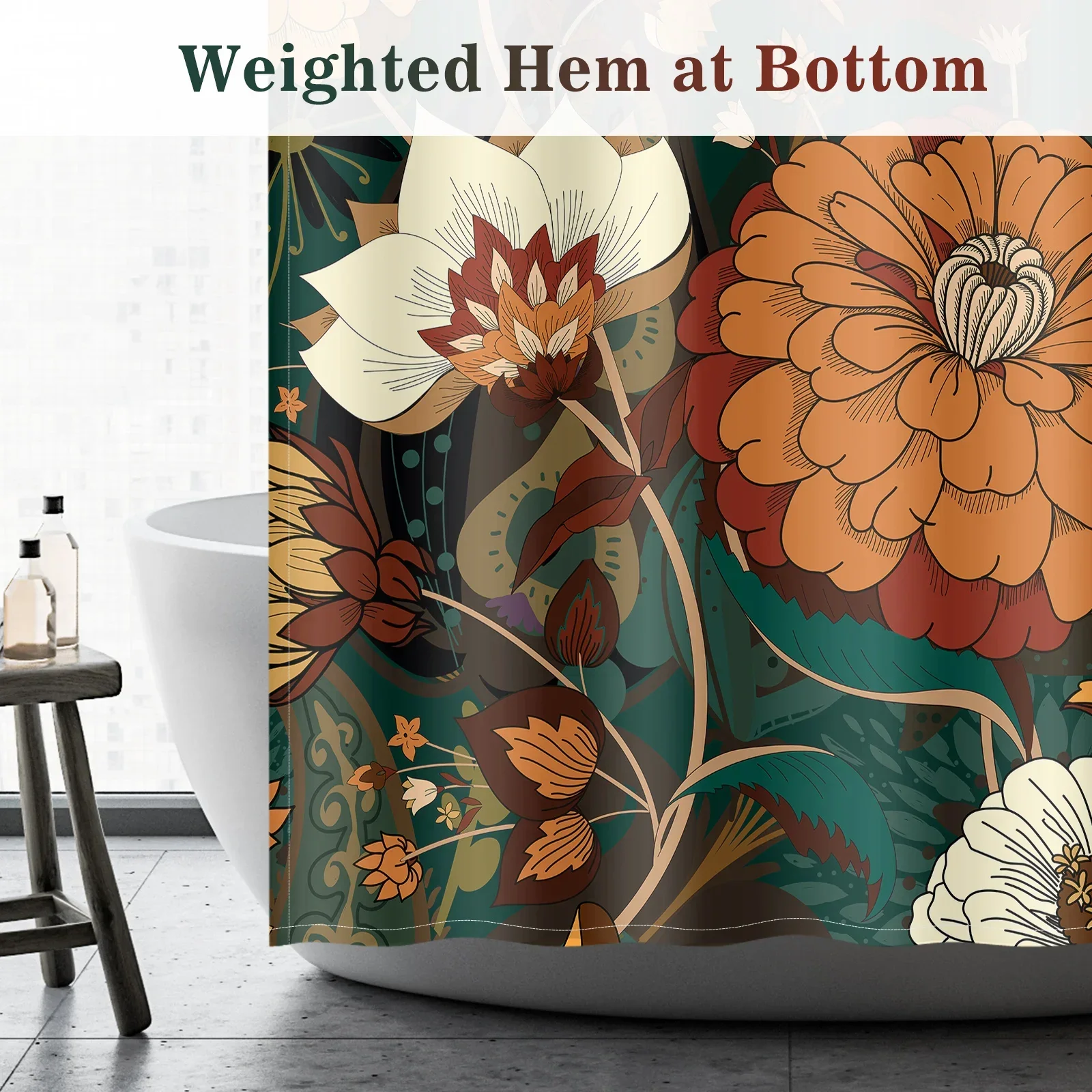 Waterproof polyester fabric Dark Green Boho Flowers Botanical Leaves Bath Shower Curtain with 12 Hooks,Bathroom Decor,72x72inch