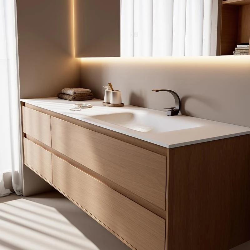 Log color bathroom cabinet combination Japanese-style villa bathroom rock slab hot bending integrated basin washstand