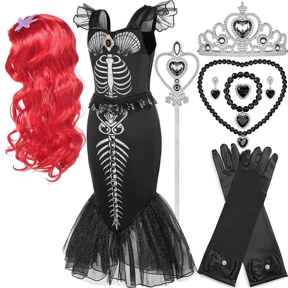 

Disney Halloween Festive Party Cute Horror Skeleton Black Little Mermaid Costume Ariel Princess Dress For Girl Beach Party Dress