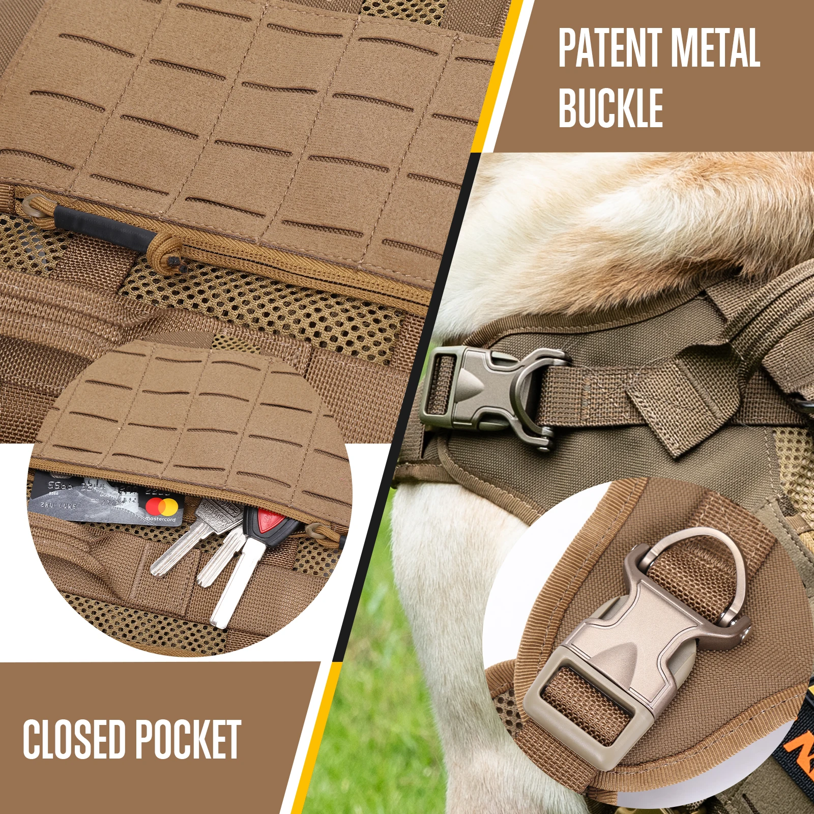 KQP Adjustable Tactical No Pull Dog Harness 1000D Nylon Breathable Mesh MOLLE Metal Buckle Do Not Pet Patch for Medium-Large Dog - view 6