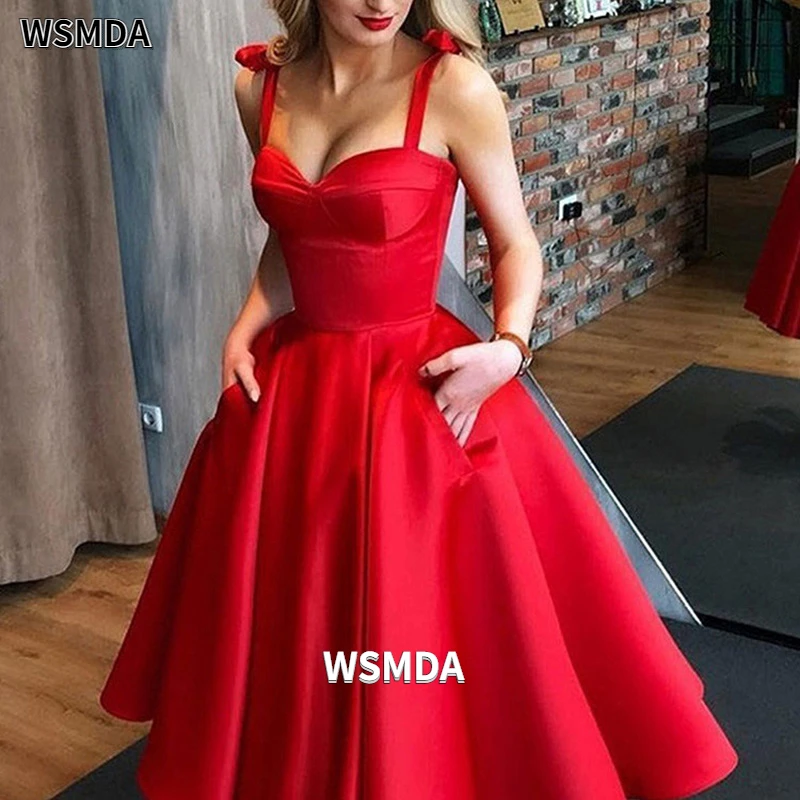 Tea Length Satin Homecoming Dress with Pockets Sweetheart Corset Back A-line Formal Evening Dress Vestidos De Graduación