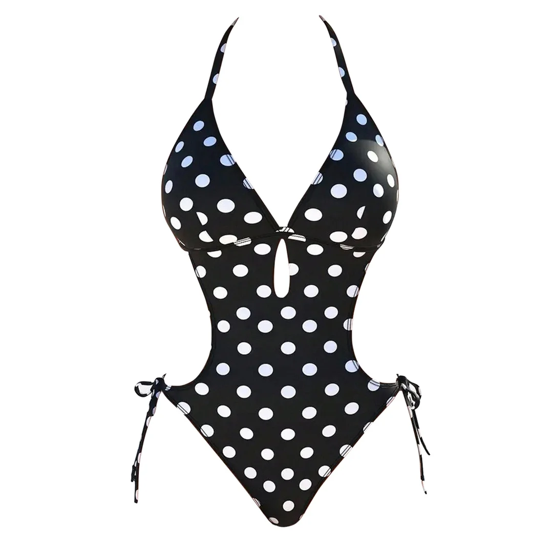 S - XL Polka Dots Neckholder-Badeanzug mit hohem Beinausschnitt, einteiliger Badeanzug für Damen, rückenfreier Monokini-Badeanzug, Badebekleidung, Badeanzug V7539 – Detail 4
