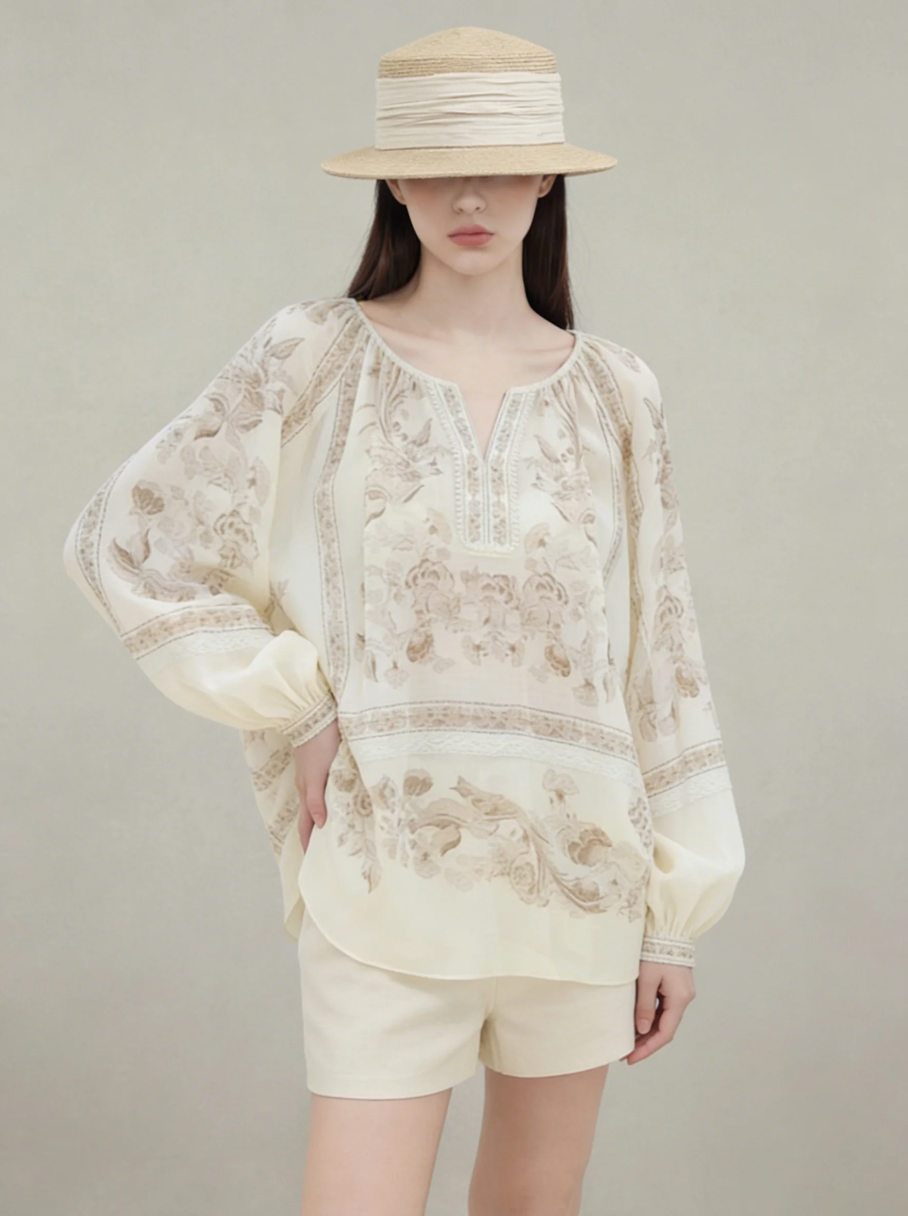 

Summer 2026 Unique Yellow Floral Print Lace Blouse Women's Casual Style Loose Fit Long Sleeve V Neck Beautiful Top