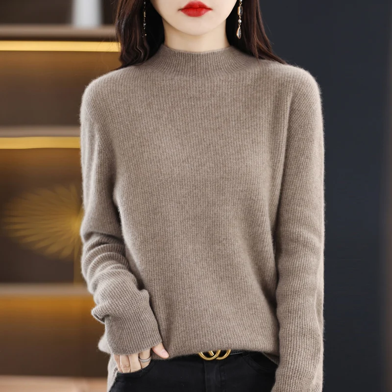 High-end 100% Merino wool pullover 24 new Fall/winter cashmere sweater women's semi-high neck soft lightweight knit base top