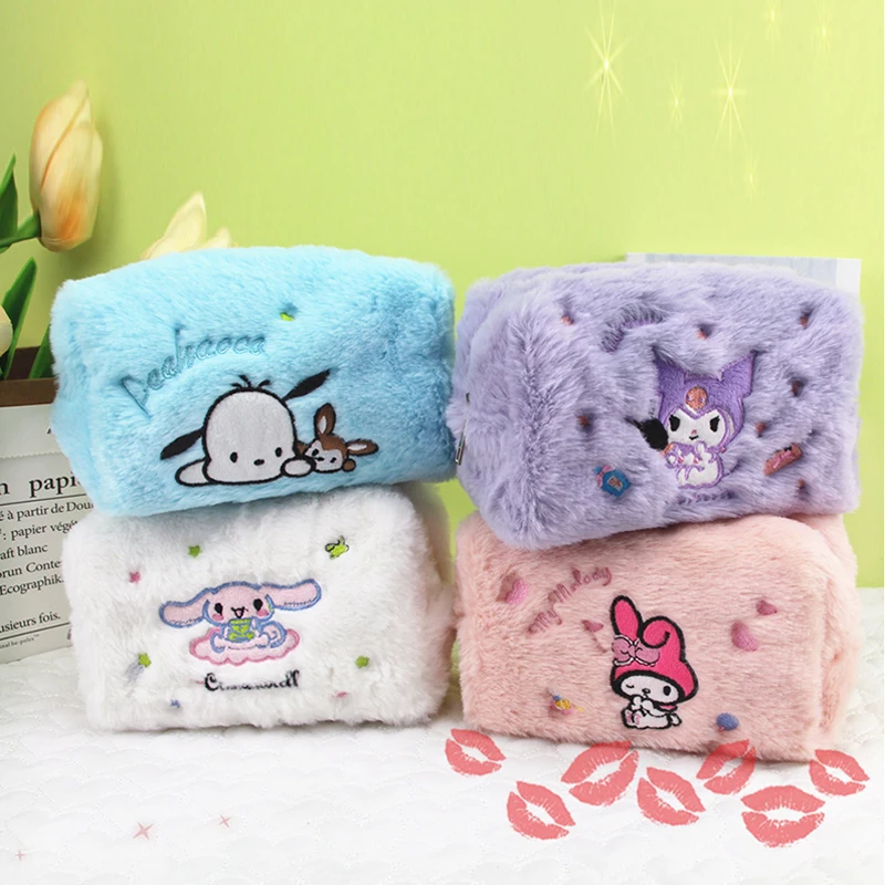 Sanrio Pencil Case Plush Kuromi Makeup Bag Cinnamoroll Large Capacity Storage Bag Cute Kids School Supply Kawaii Stationery Gift