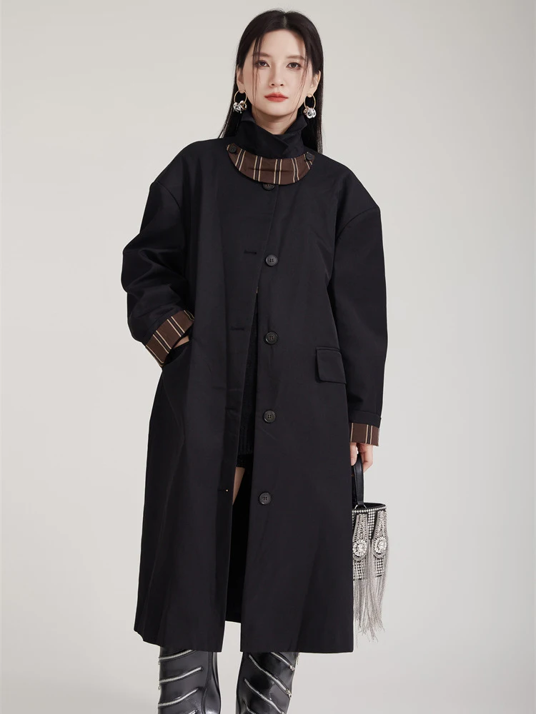 [EAM] Women Brown Striped Color-block Big Size Long Trench New Lapel Long Sleeve Windbreaker Fashion Spring Autumn 2024  1DH8029