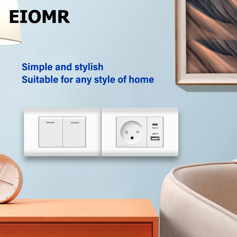 EIOMR-enchufe de corriente estándar de Israel con carga rápida USB-A USB-C, interruptor, Panel de PC ignífugo curvo, toma de corriente de pared