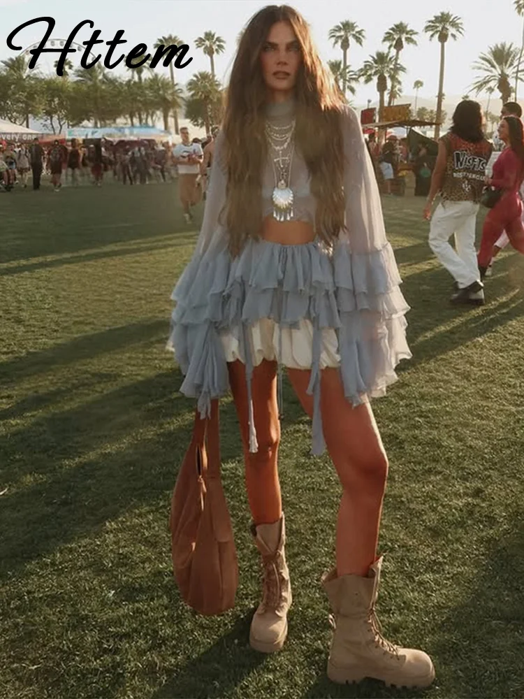 عادية كشكش الياقة المدورة قميص تنورة المرأة مجموعة الصلبة كم كامل الجوف خارج أعلى انظر من خلال مطوي التنانير الطويلة 2025 سيدة البدلة