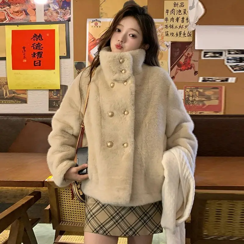 Women's Winter New Thick Warm Faux Mink Fur Coat Fashion Trend Stand Up Collar Coat Niche Design Loose Plush Versatile Jacket