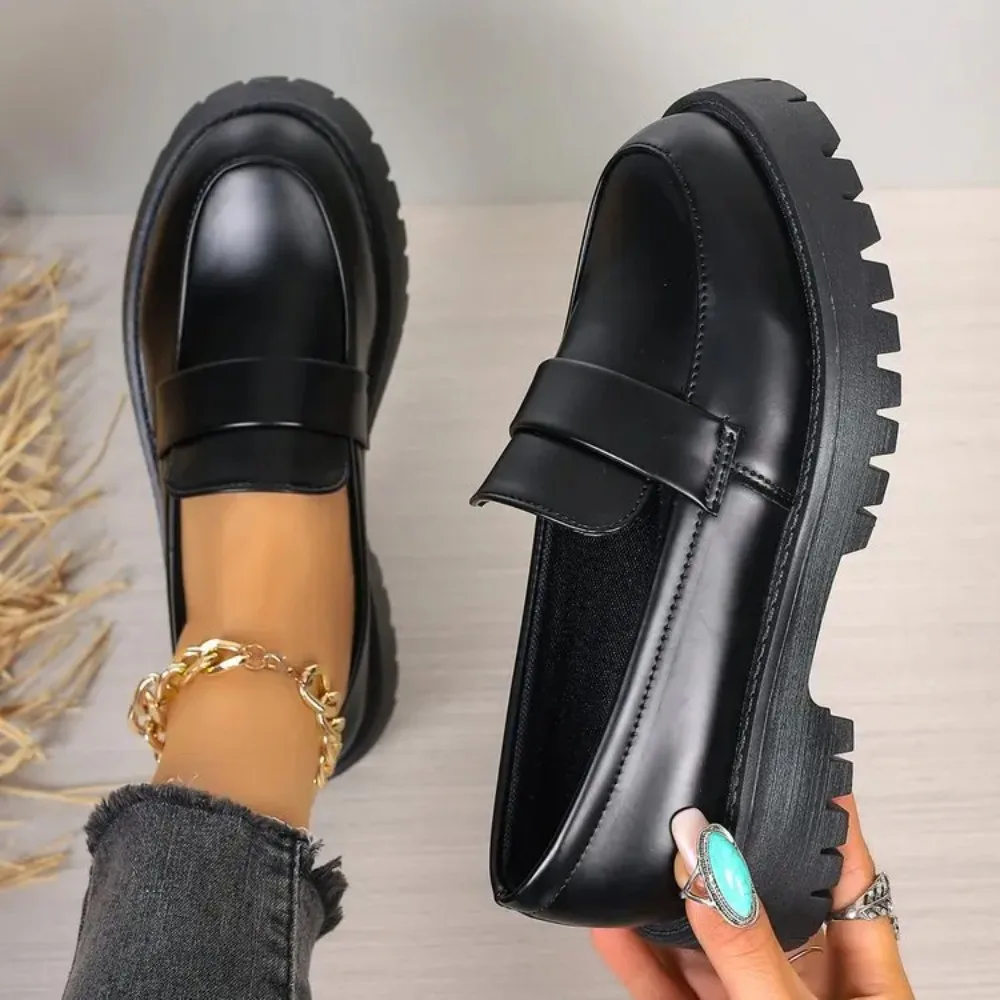 

New Plus Size British Style Platform Loafers For Women Round Toe Thick Bottom Leather Oxfords Female Chunky Heel Slip On Shoes