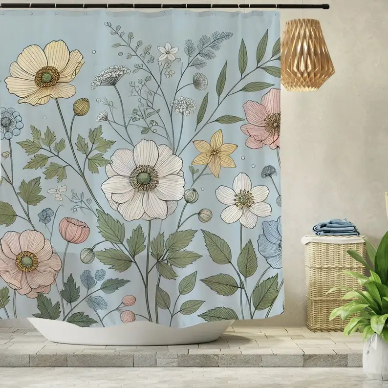 

Синяя занавеска для душа с цветочным принтом, декор для ванной комнаты с ботаническим цветком для детской комнаты для девочек, водонепроницаемые занавески на заказ с 12 крючками