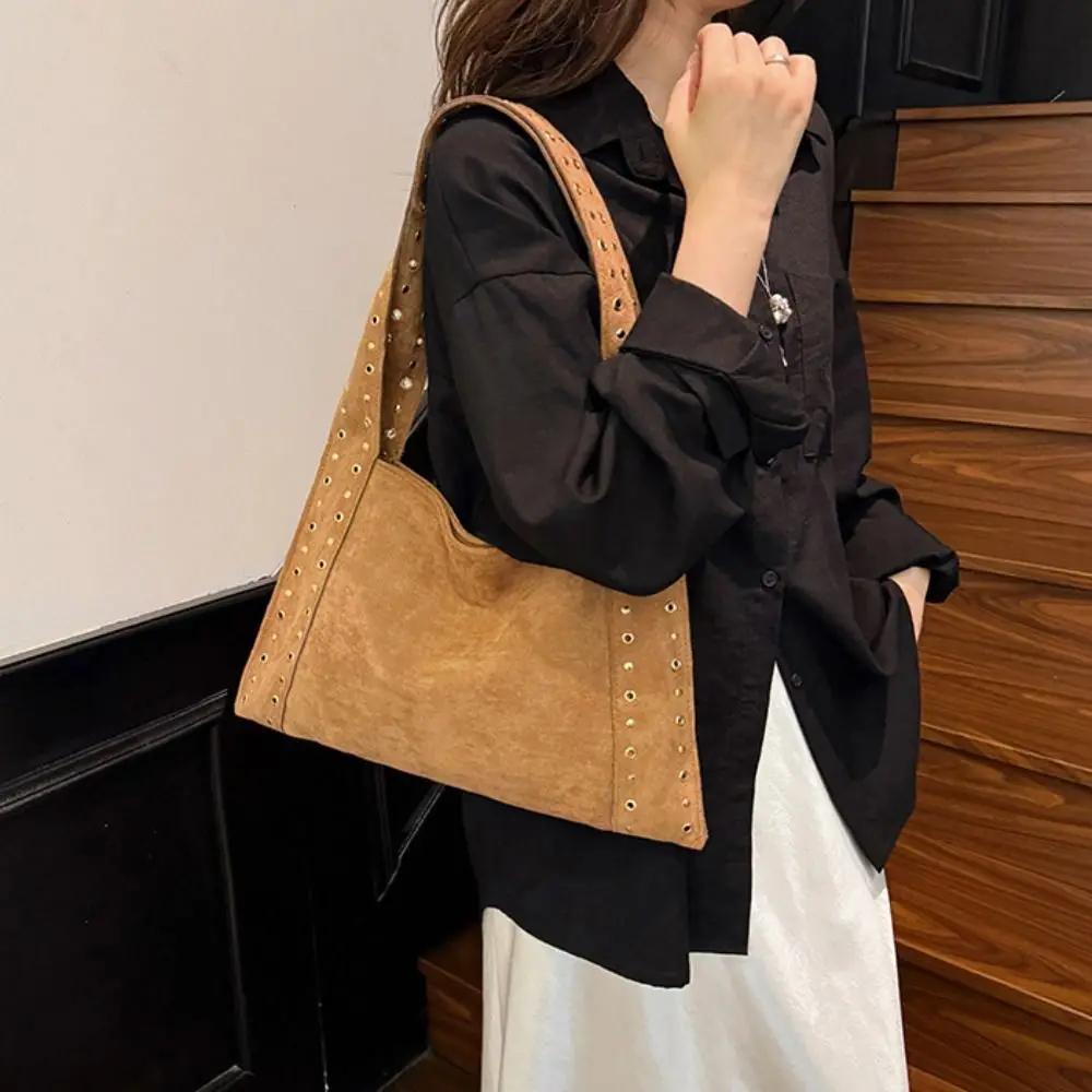

PU Leather Suede Rivet Shoulder Bags Retro American Style Large Capacity Locomotive Style Underarm Bag Solid Color Korean Style