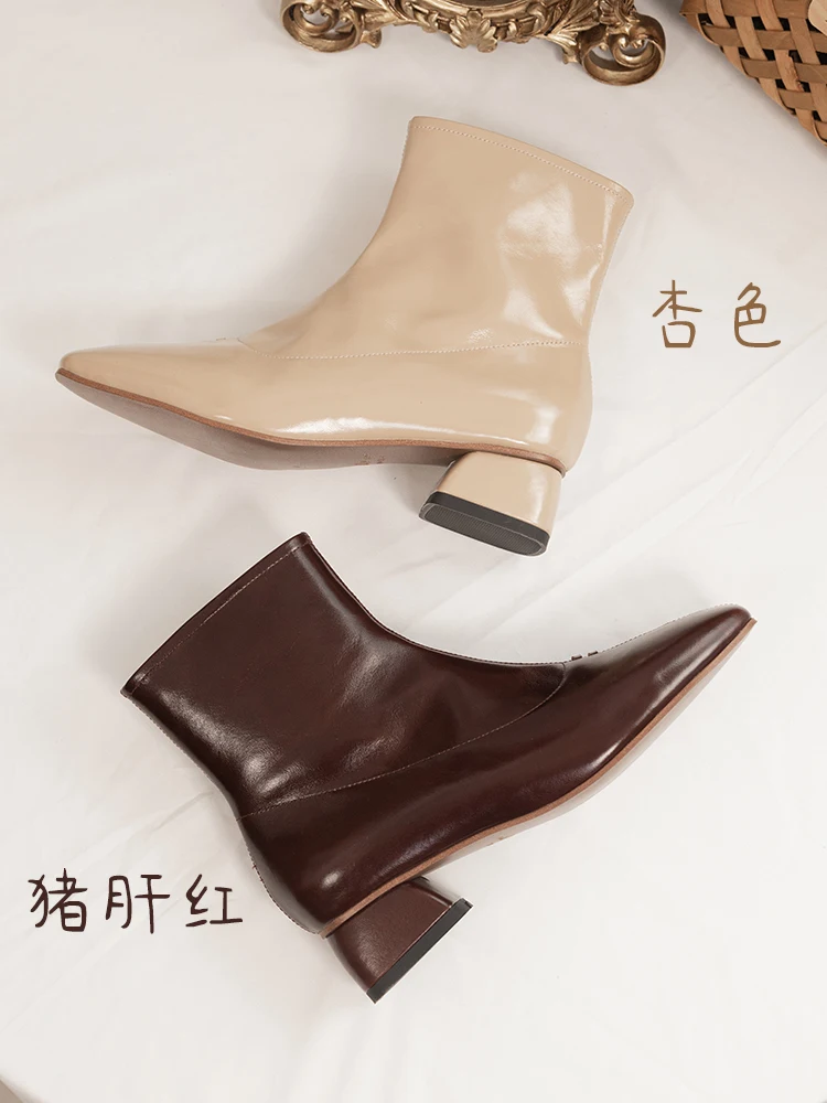 WILL&ZEST Genuine Leather  Women Shoes Party Chunky Short Boots for Women Squared Toe Classical office shoes