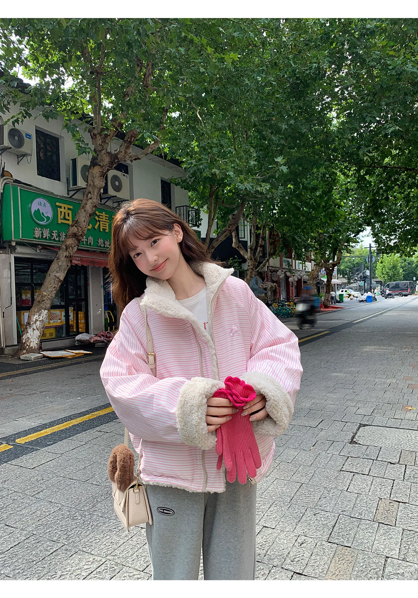 Korean Women's Reversible Striped Jacket Autumn Winter Stand Collar Fleece Lined Padded Coats Woman Loose Casual Plush Jackets