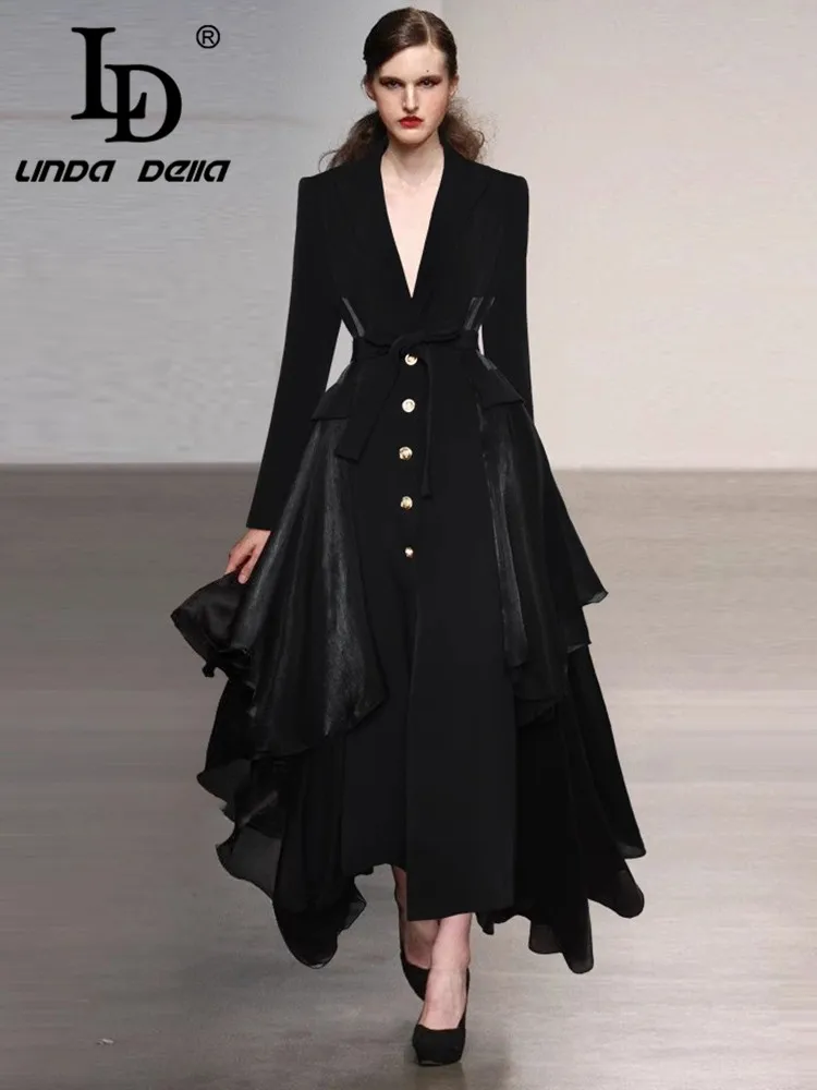 LD LINDA DELLA Flounced Edge Slim Women\'s Coat Notched Long Sleeved Single-Breasted Lace-Up  Autumn and Winter Overcoat