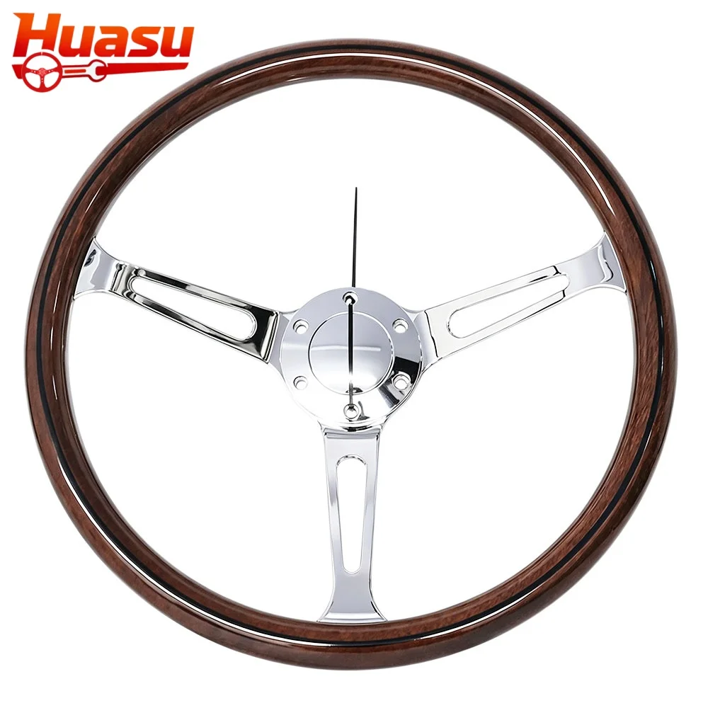 Huasu Big Hole Polishing Spoke Classic Wood Grain Look Car Sports Steering Wheel 15inch 380mm Concave Universal Car Accessories