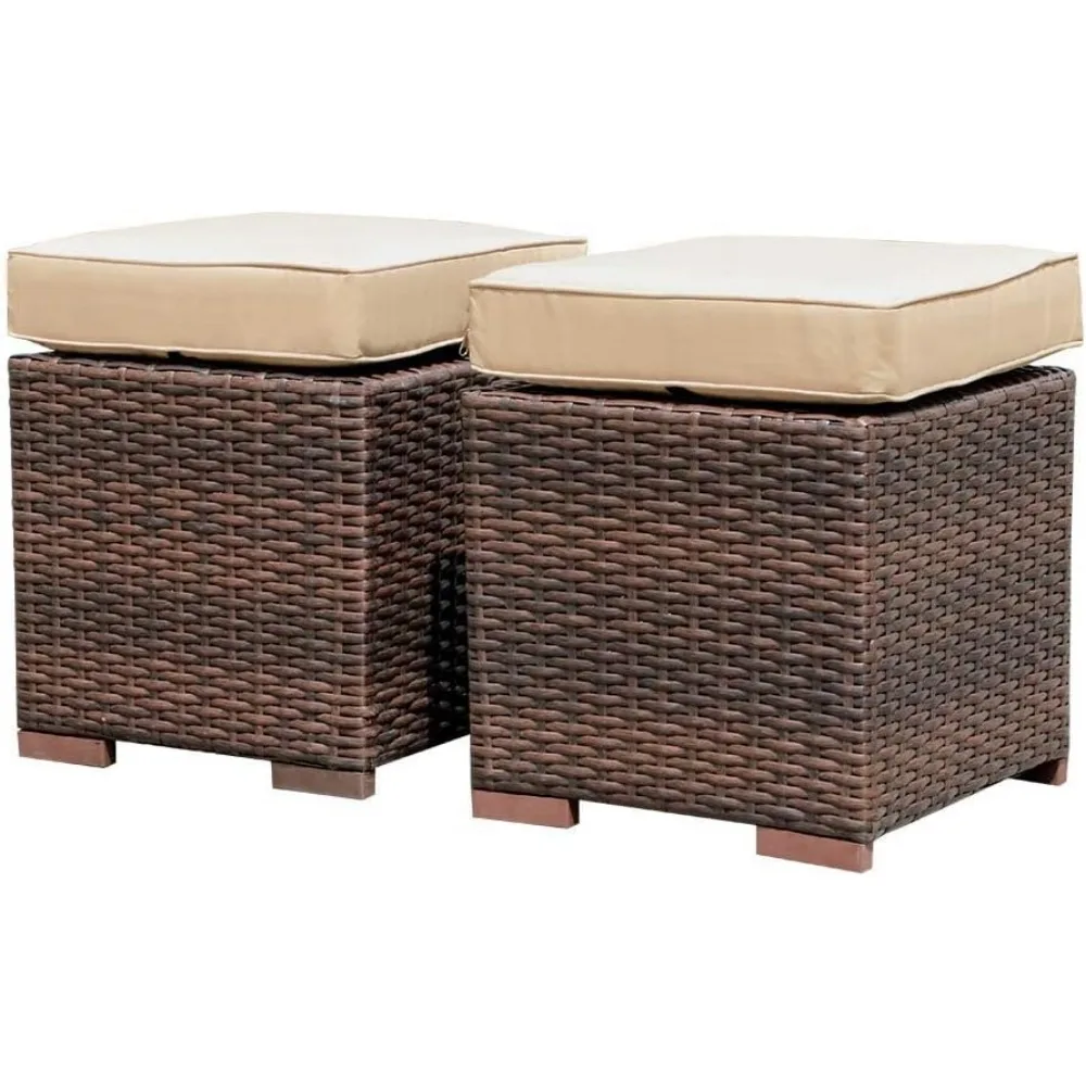 

2 Pieces Assembled Outdoor Patio Ottoman, Indoor Outdoor All-Weather Dark Brown Wicker Rattan Outdoor Footstool Footrest