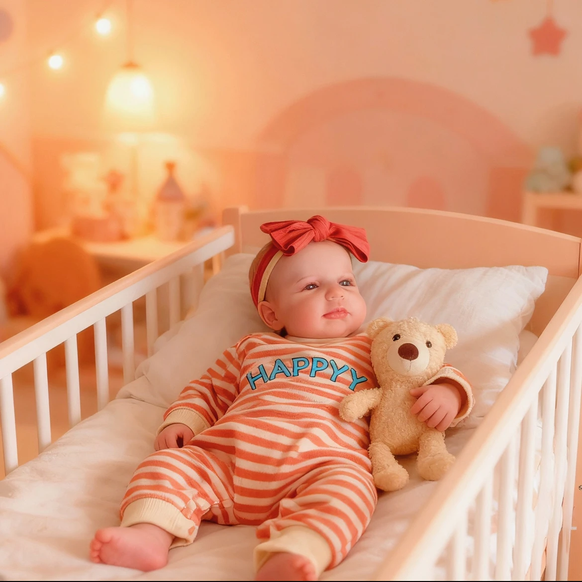 편안한 줄무늬 점프수트와 리본을 입은 사랑스러운 19인치 리본 인형, 현실적인 눈을 뜬 부드러운 몸을 가진 일상의 연인