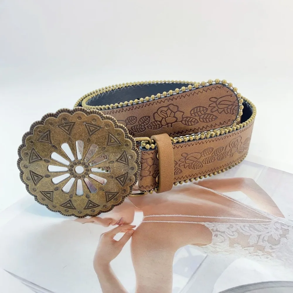 الرجعية سبيكة راعية البقر مشبك حزام الجينز ديكور حزام مشبك كاوبوي زنار خمر الخرز زهرة بولي PU حزام جوفاء فستان الديكور