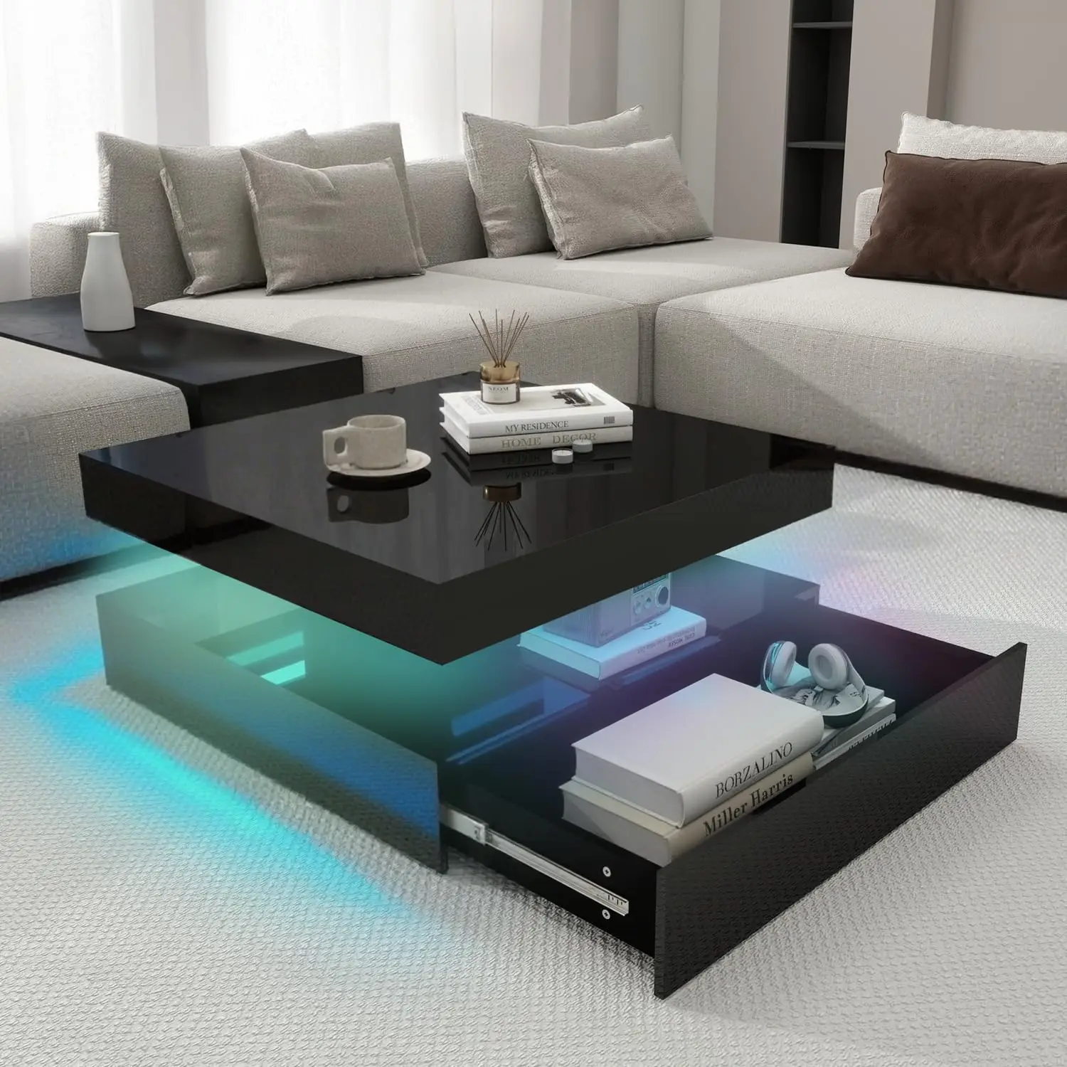 

30.75"x30.75" Black 2-Tier LED CoffeeTable - Modern Square Center Table with Music Sync Lights&High Gloss Surface for LivingRoom