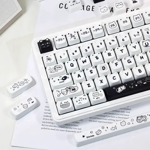 Keycaps Line Black and White Kitten MAO PBT 140 Keys Cute Girl Gift Keycap Set for 66/68/86/96/98/104 Mechanical Keyboards