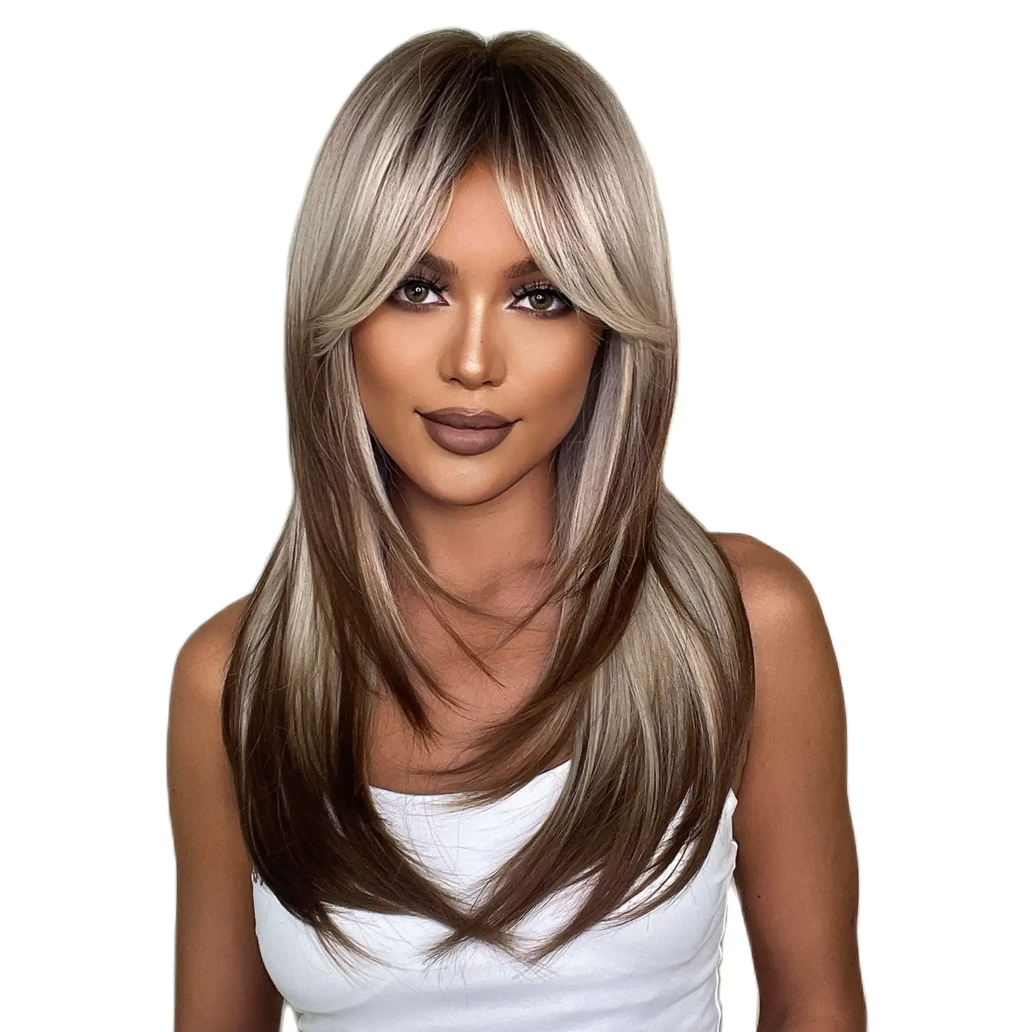 ALAN EATON Blonde Layered Synthetic Wigs for Women Long Straight Brown Highlights Wigs with Bangs Balayage Hair Heat Resistant