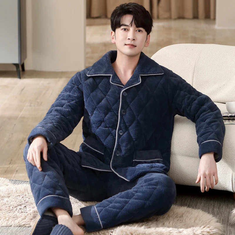 

Winter Pajamas For Men Thick Three-layer Quilted Sleepwear Suit 2 Pcs Pyjama Homme Warm Casual Home Clothing Pijama Hombre L-4XL