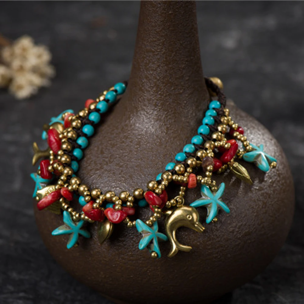 Multi Style Retro Imitation Turquoise Starfish Water Droplet Pendant Tassel Bracelet Bohemian Beach Party Bracelets Jewelry Gift